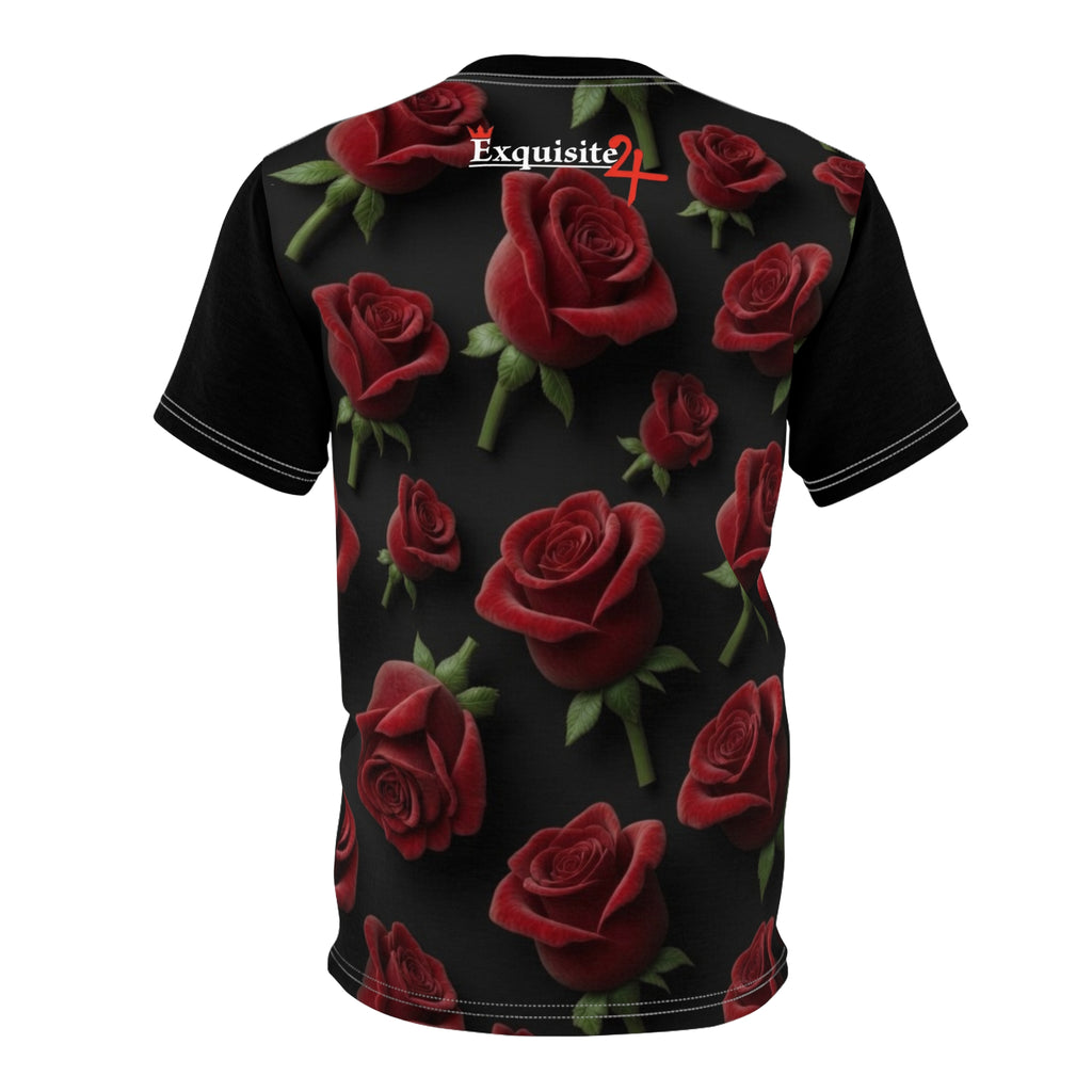 Rose Pattern Tee — Red Roses All-Over Print Black Graphic Shirt
