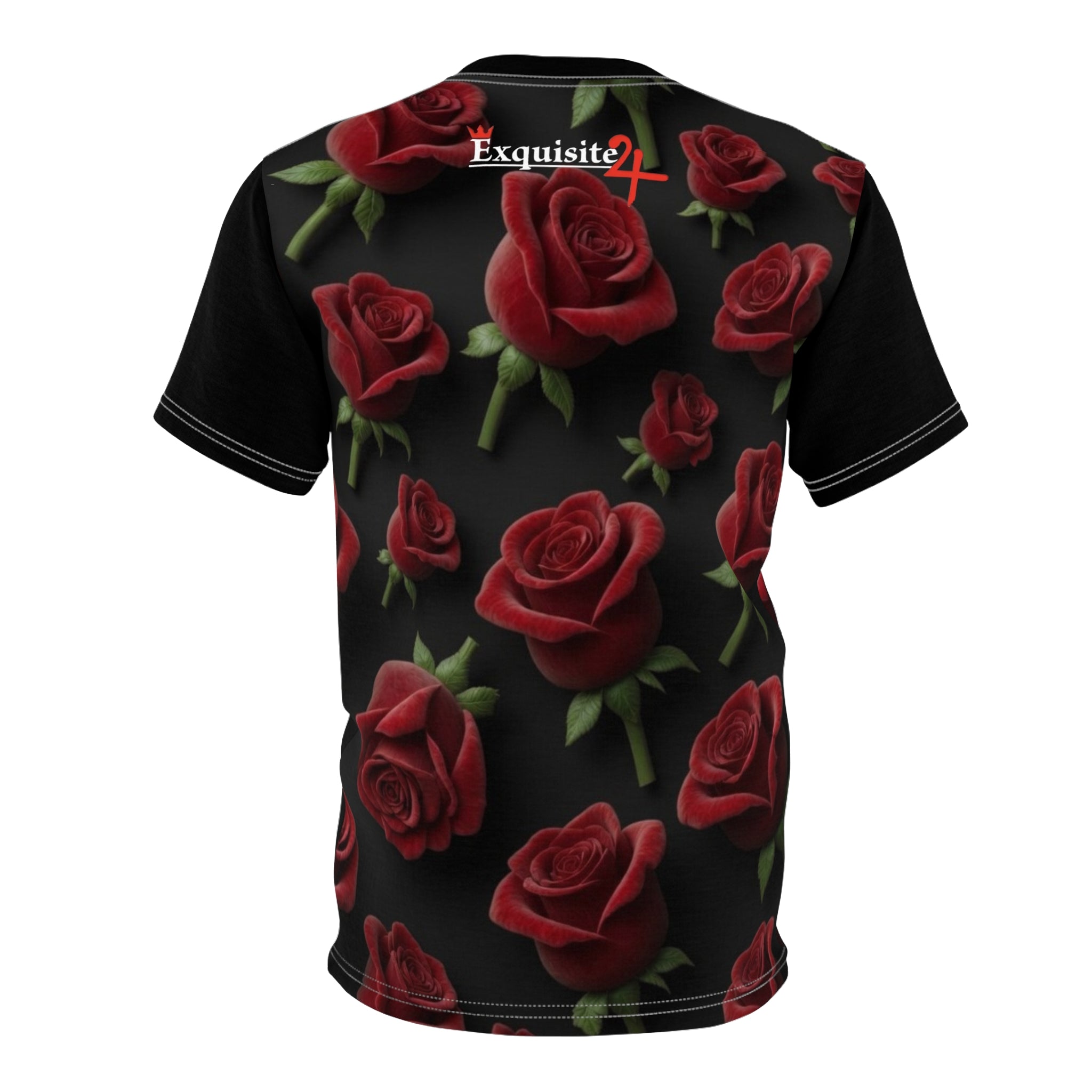 Rose Pattern Tee — Red Roses All-Over Print Black Graphic Shirt