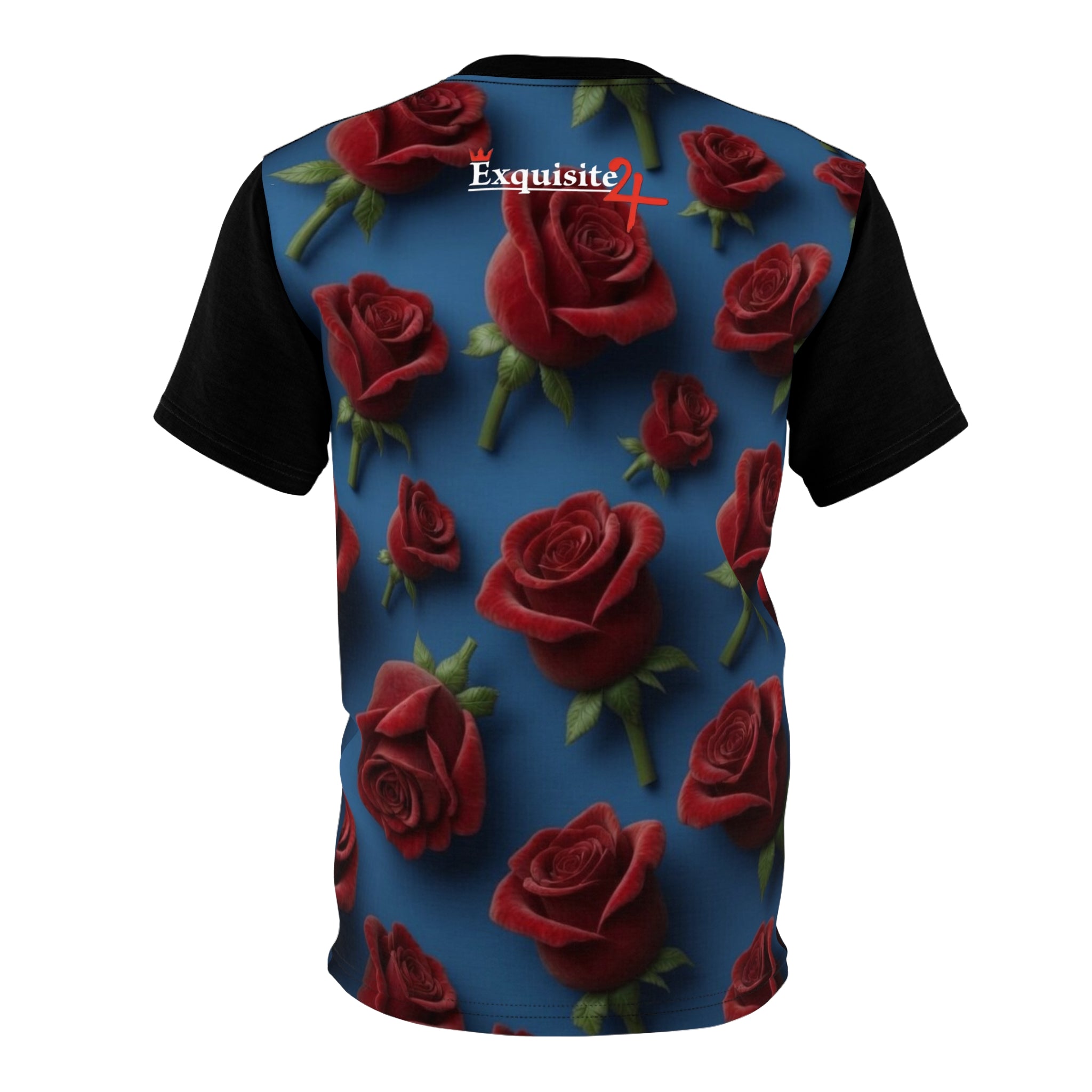 Red Rose Pattern Tee — All-Over Print Floral Blue T-Shirt