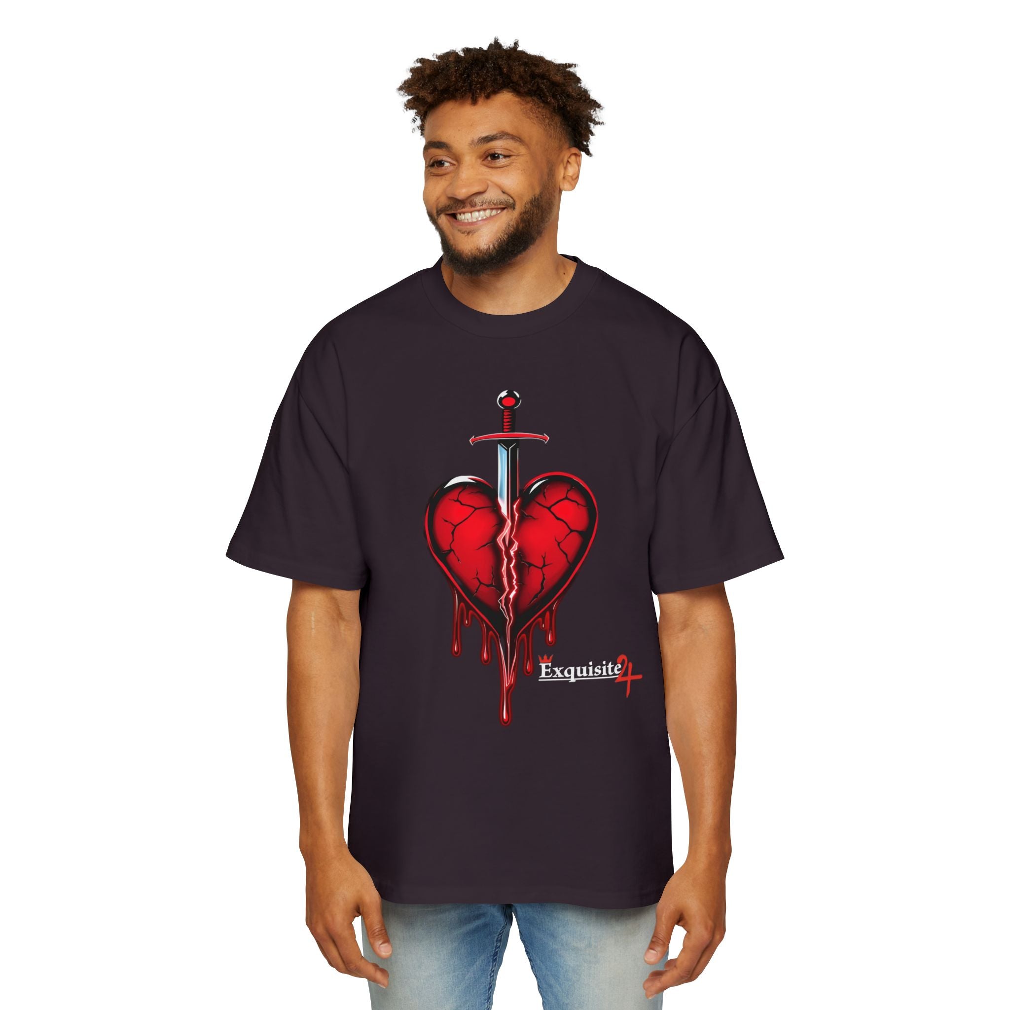 Oversized Graphic Tee — Bleeding Heart with Sword Design