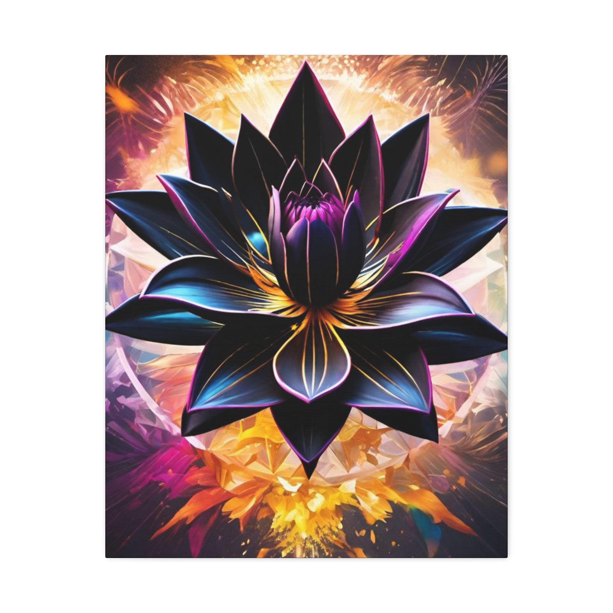 Black Lotus Bloom Canvas Wall Art - Vibrant Black & Gold Floral Stretched Canvas