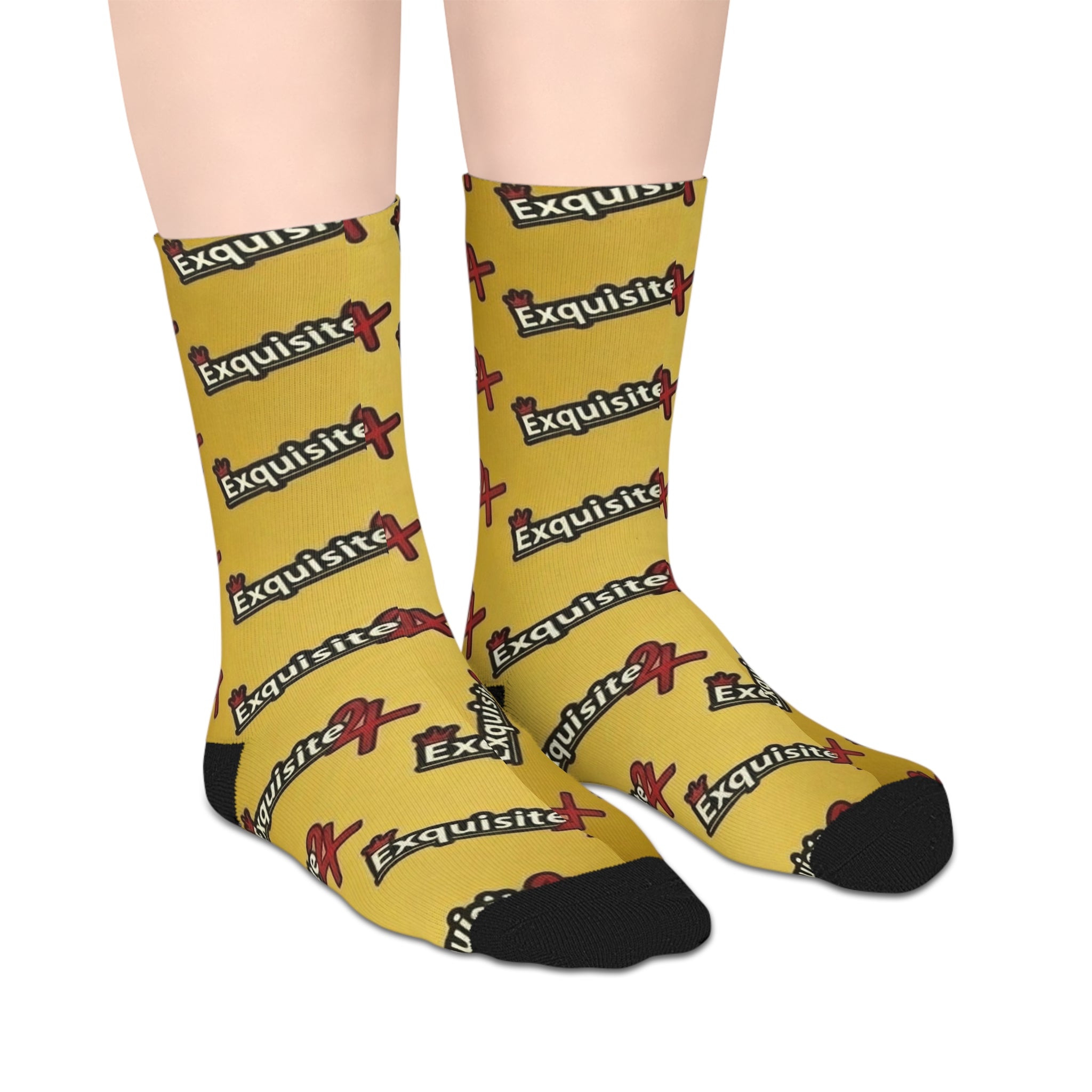 Exquisite 24 Logo Gold Mid-Length Socks — Bold Retro Brand Pattern