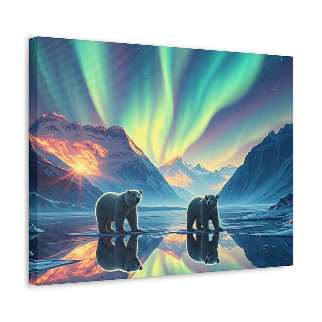 Aurora Polar Bears Stretched Canvas - Northern Lights Wildlife Wall Art
