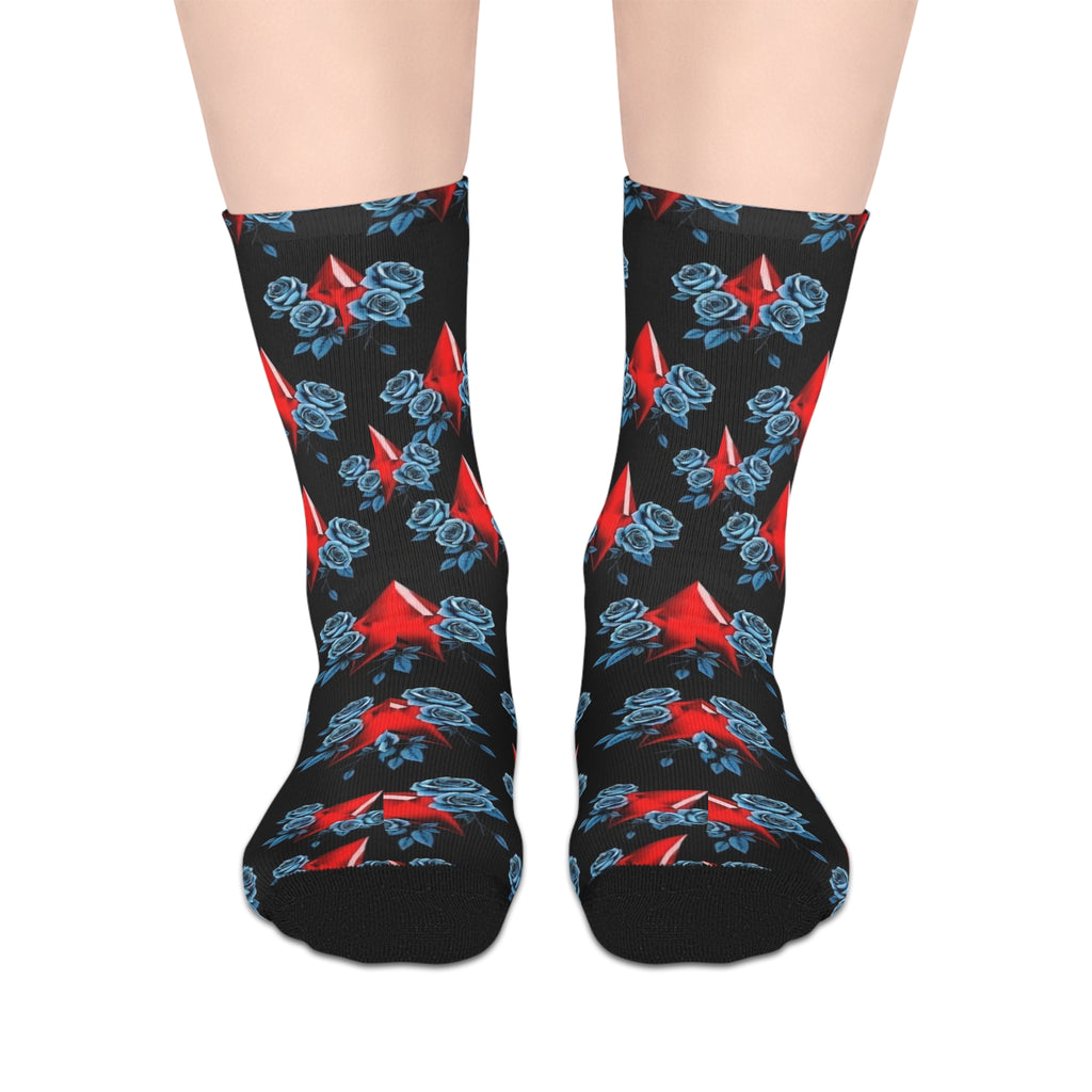 Mid-Length Socks — Red Diamond & Blue Roses Patterned Crew Socks