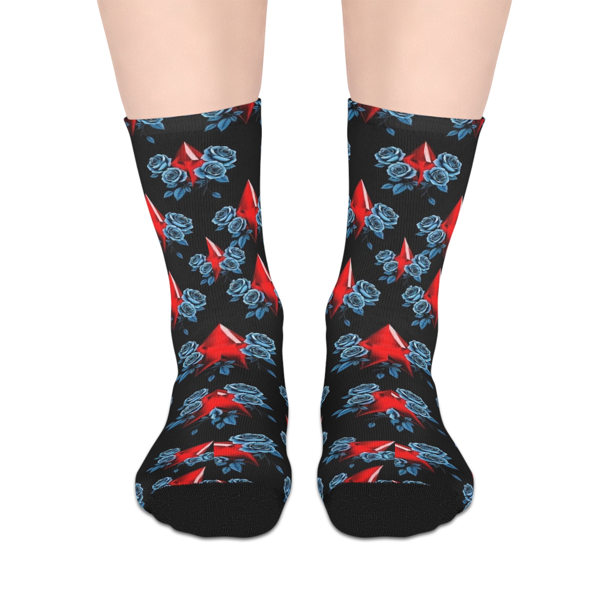 Mid-Length Socks — Red Diamond & Blue Roses Patterned Crew Socks