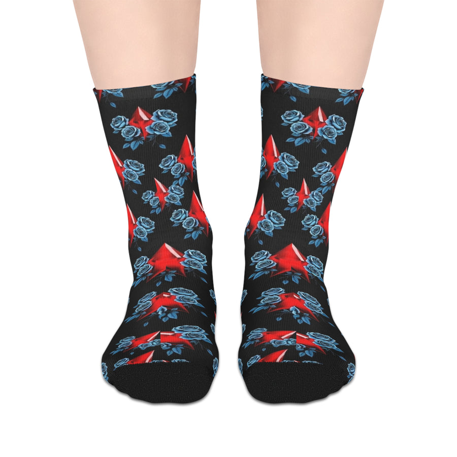Red Diamond & Blue Roses Mid-Length Socks