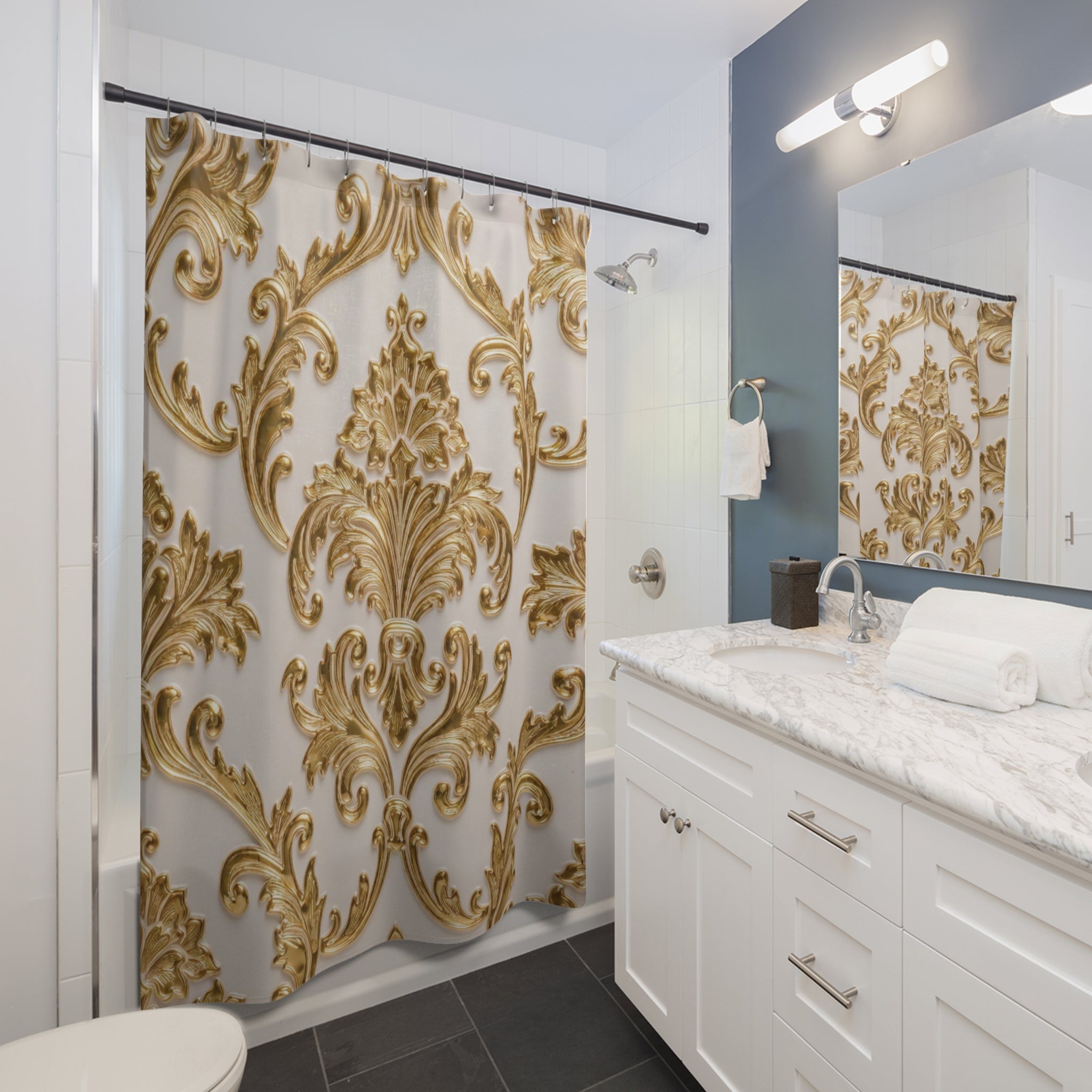 Ornate Gold Damask Shower Curtain – Vintage Baroque Bathroom Decor