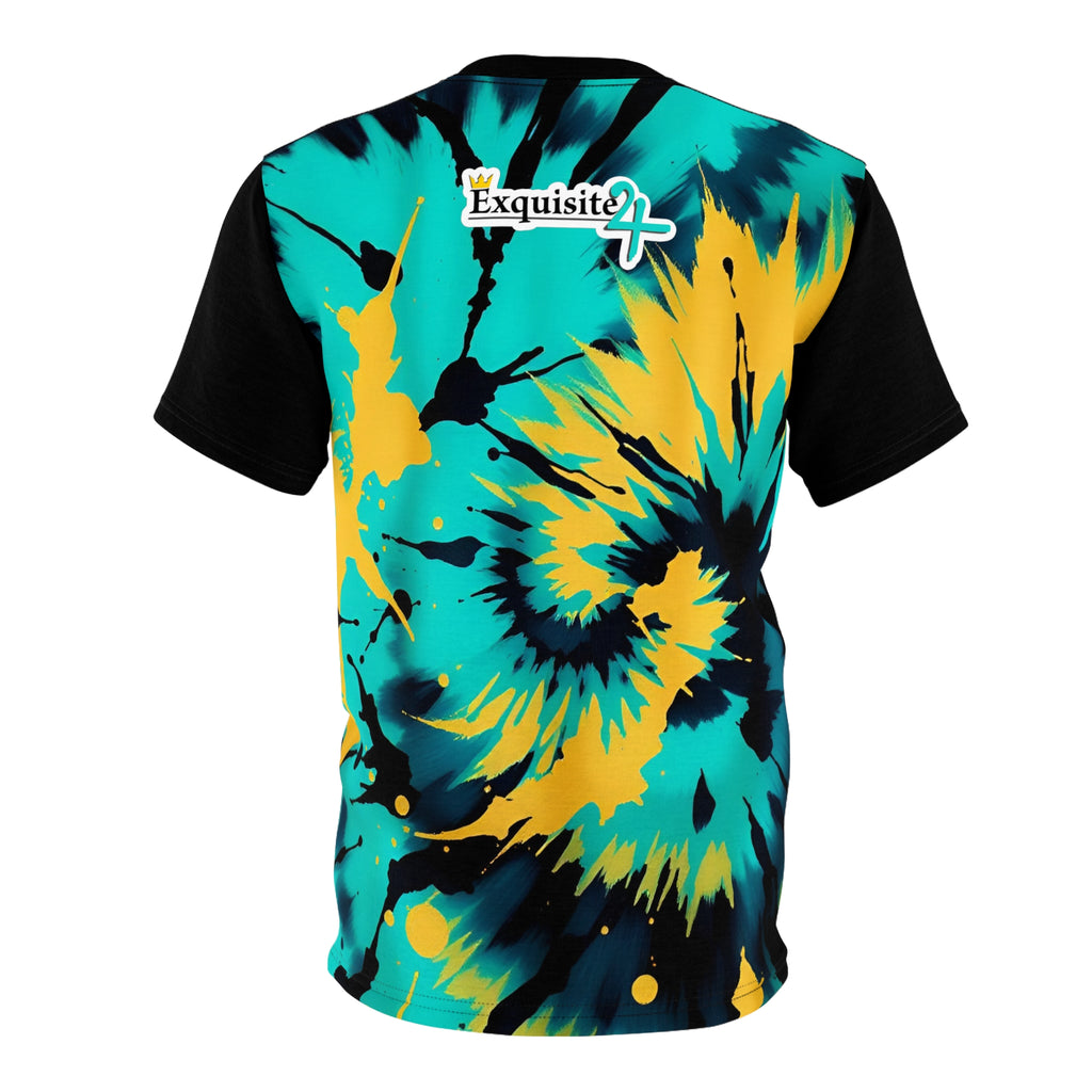 Tie-Dye Exquisite 24 Graphic Tee — Vibrant Teal & Yellow Spiral All-Over Print