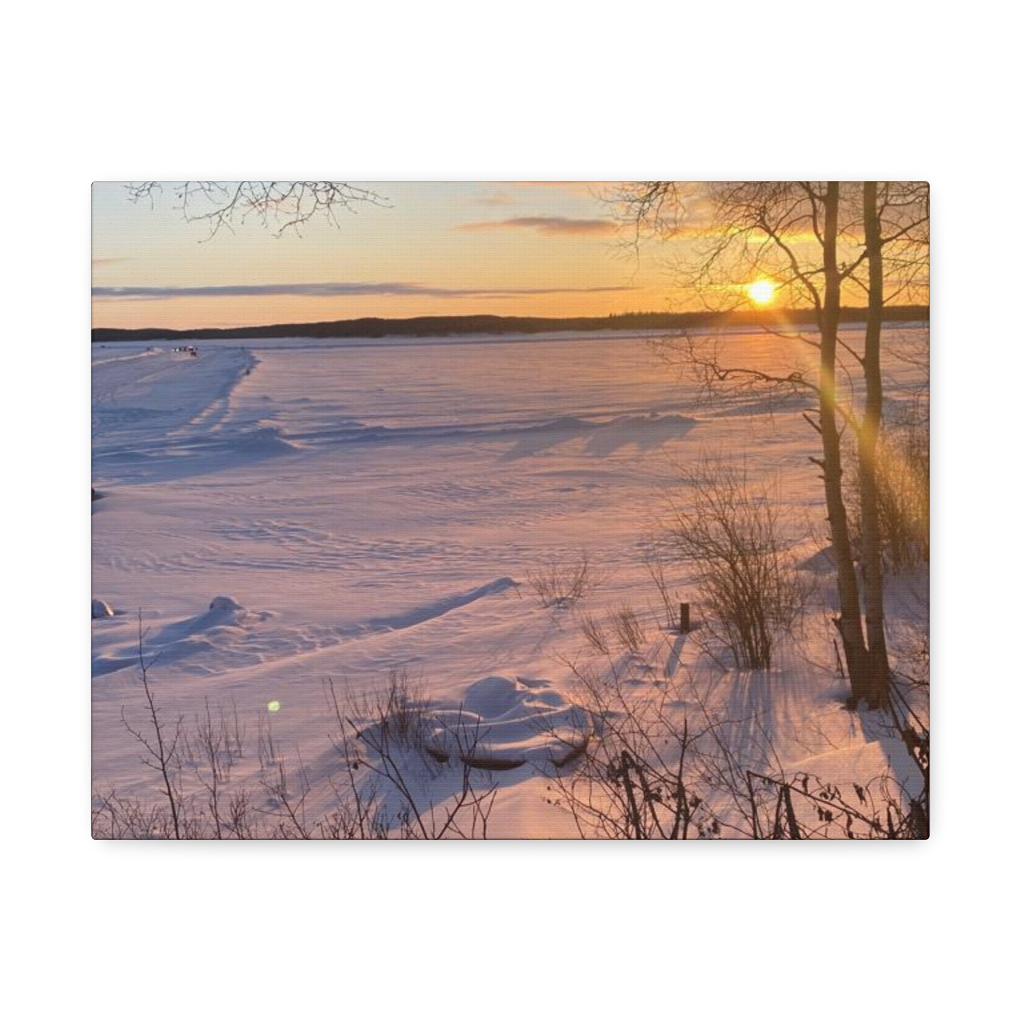 Sunset over Frozen Lake Stretched Canvas Wall Art