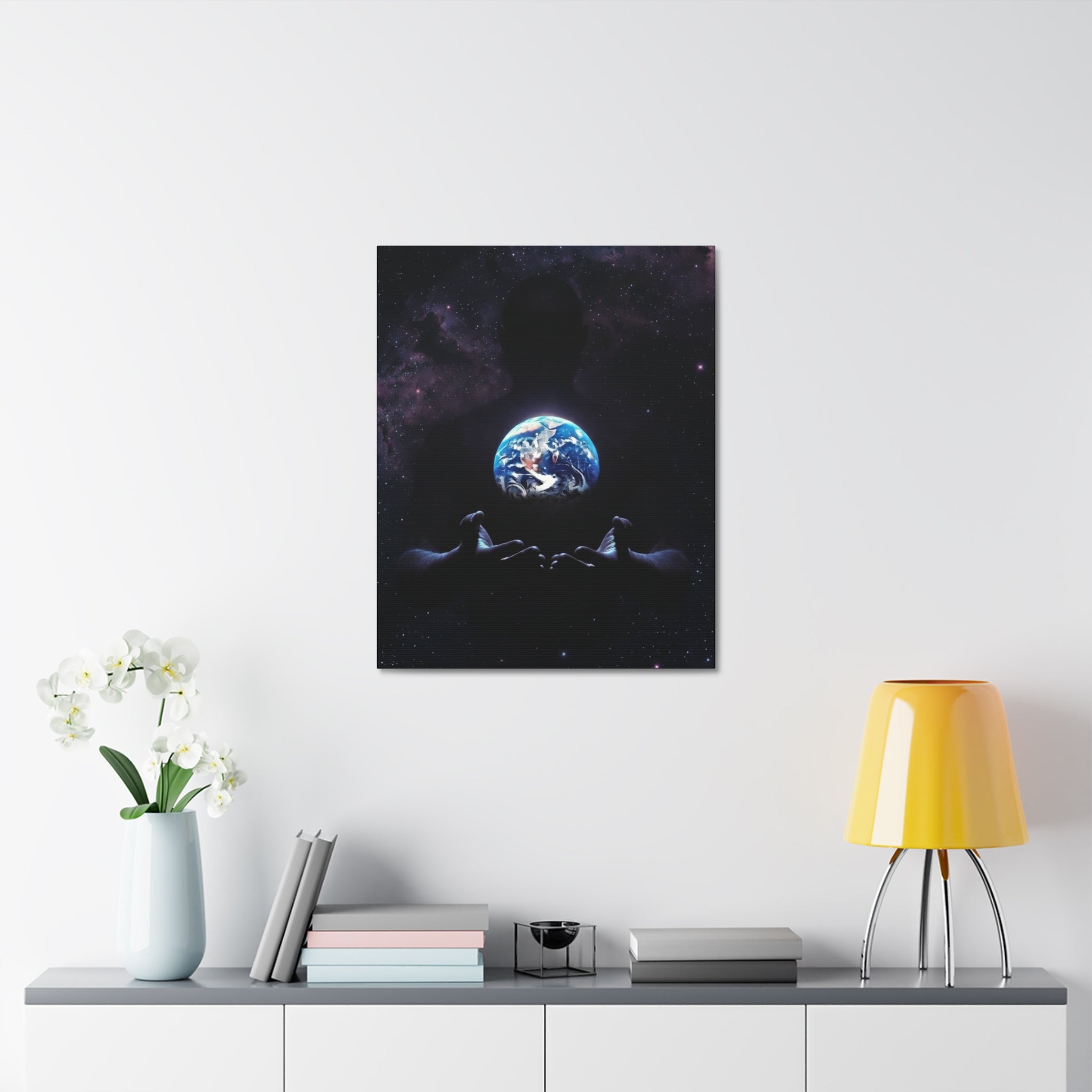Galaxy Hands Stretched Canvas – Earth in Palm Wall Art