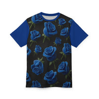 Blue Rose All-Over Print Tee — Floral Black Graphic Shirt