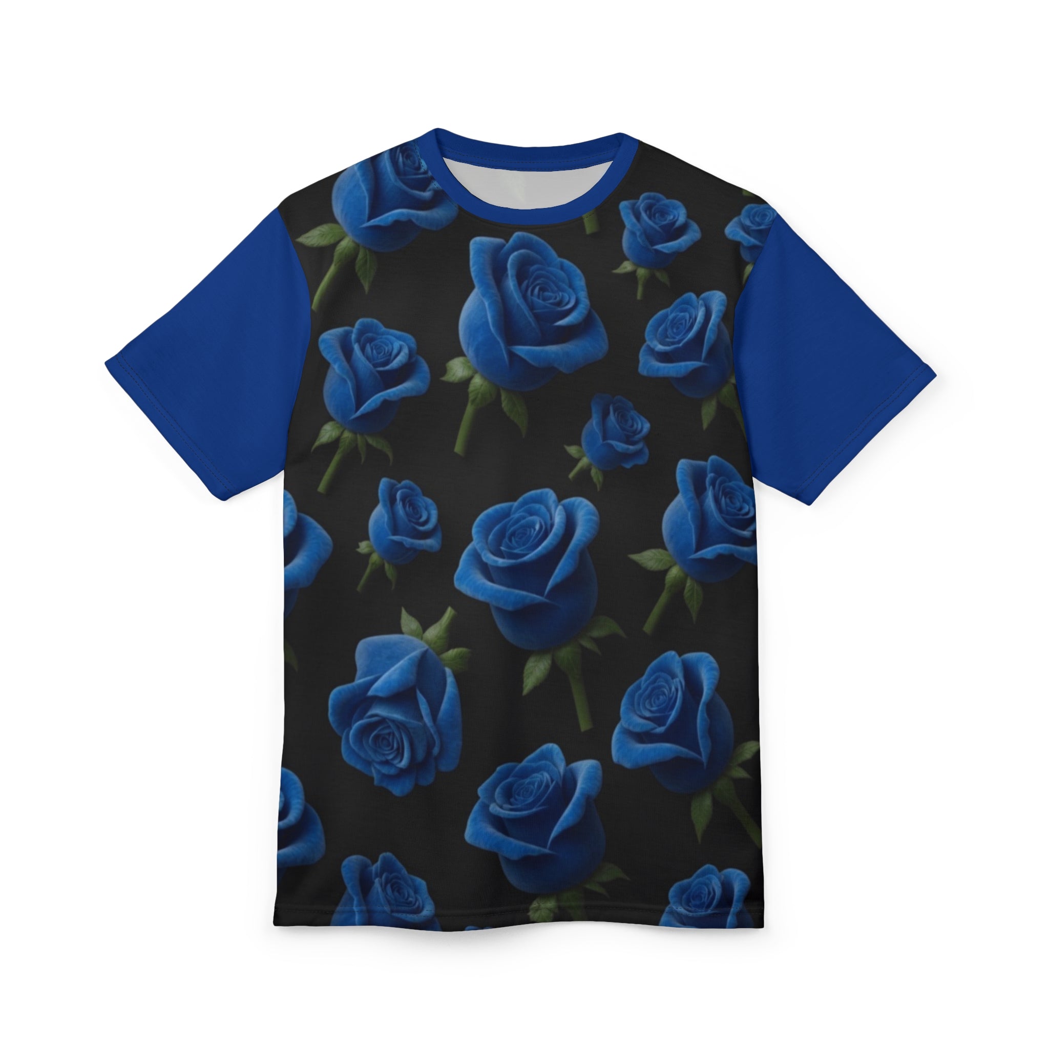 Blue Rose All-Over Print Tee — Floral Black Graphic Shirt