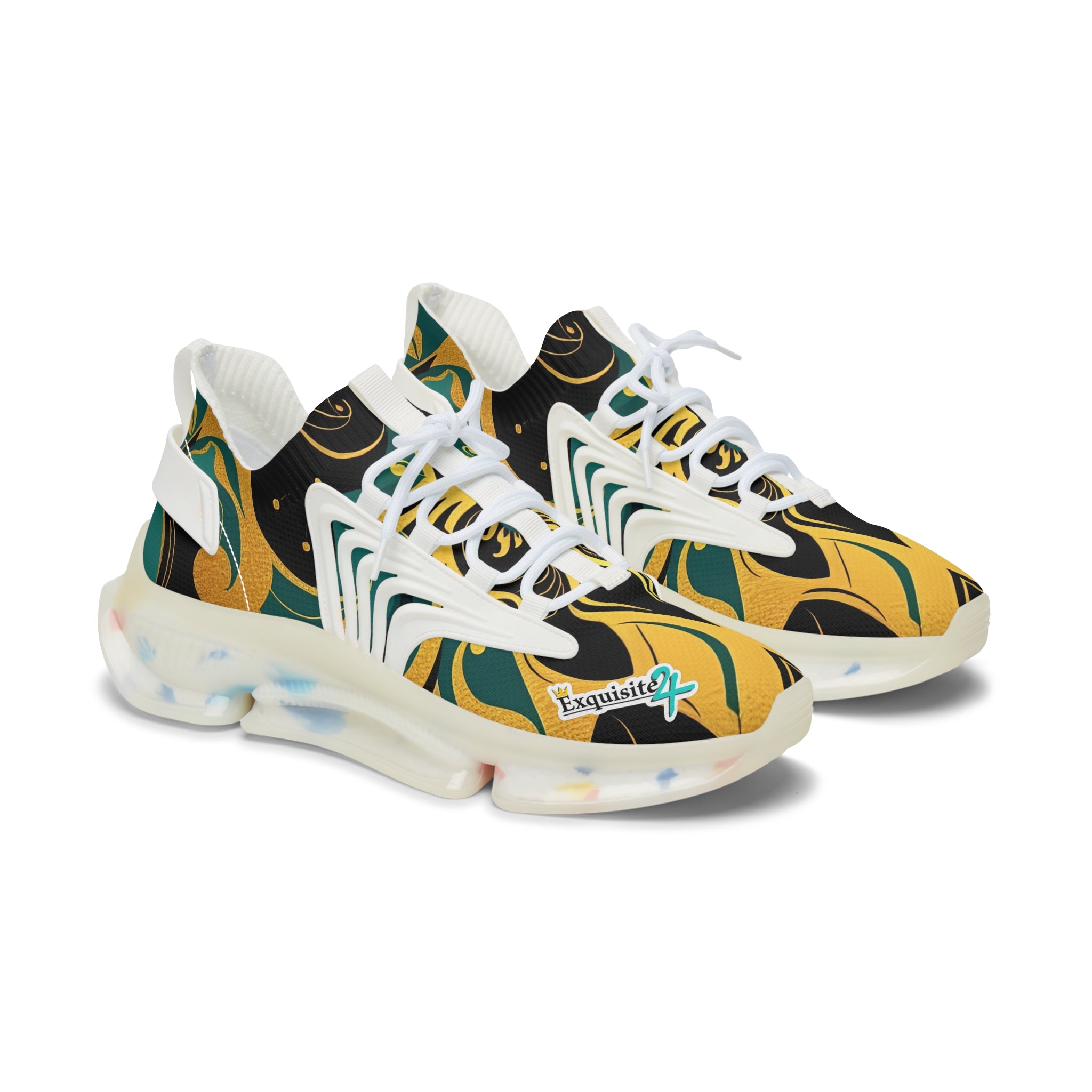 Women's Mesh Sneakers — Bold Abstract Green & Gold Athletic Shoes