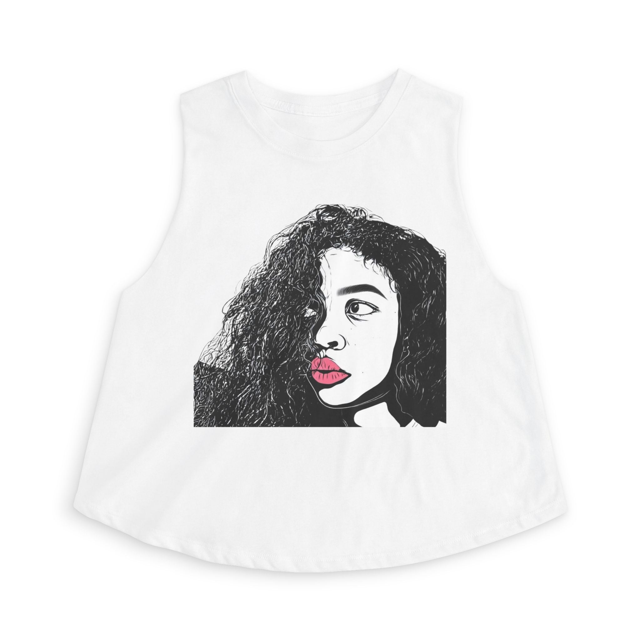 Artistic Curly Hair Woman Crop Top — Graphic Portrait Tank with Pink Lips