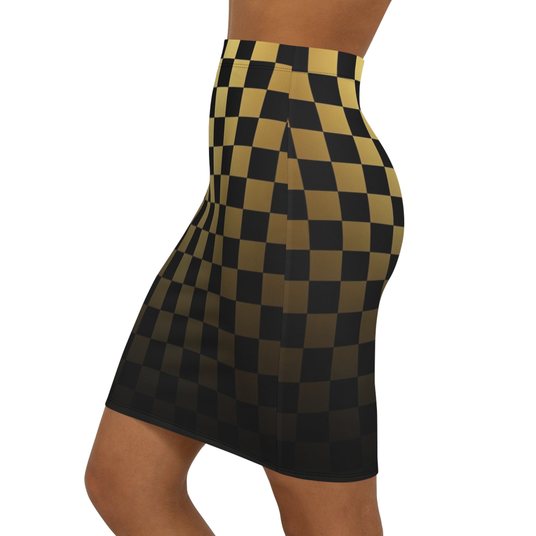 Gold & Black Checker Pencil Skirt — Sleek Retro Racing Pattern