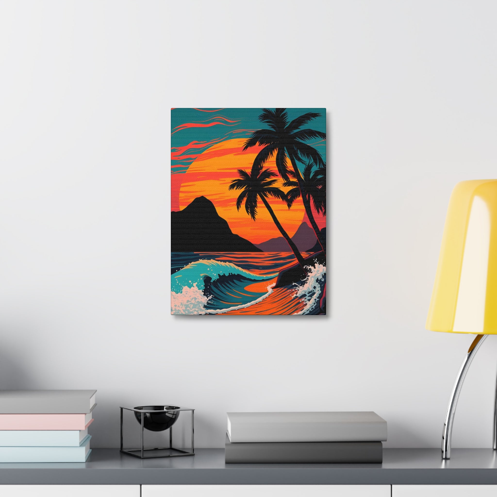 Tropical Sunset Canvas Wall Art — Palm Trees and Ocean Waves Stretched Canvas