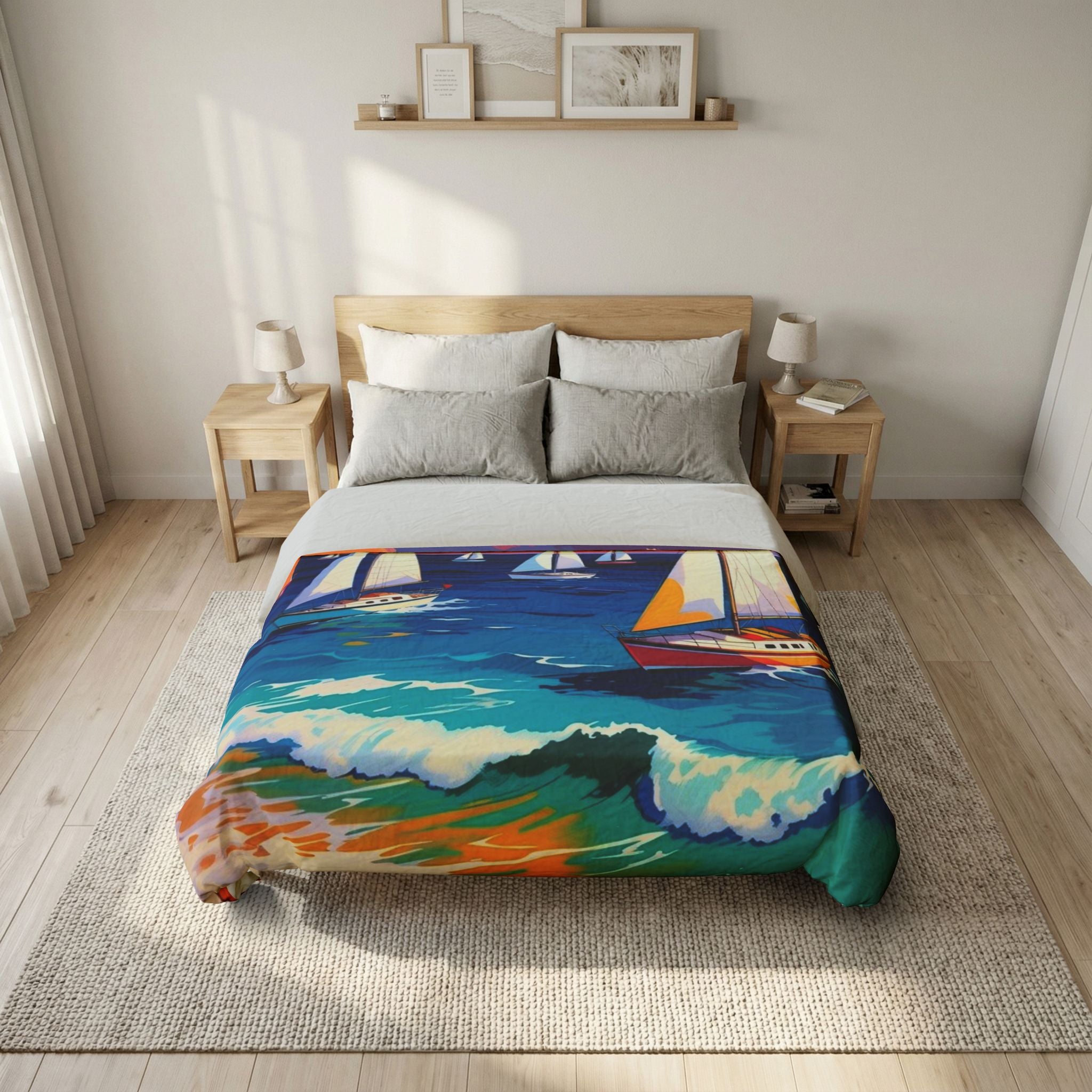 Sailboat Seascape Cotton Duvet Cover — Colorful Ocean Waves Beach Bedding