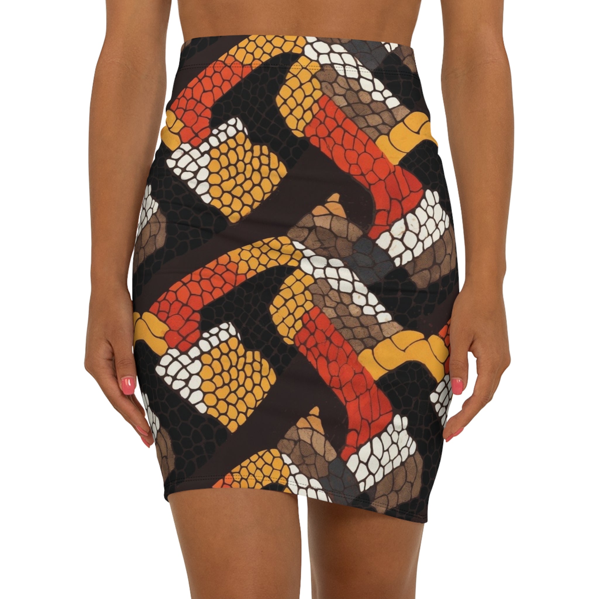 Autumn Snake-Scale Pencil Skirt — Bold Geometric Fall Print