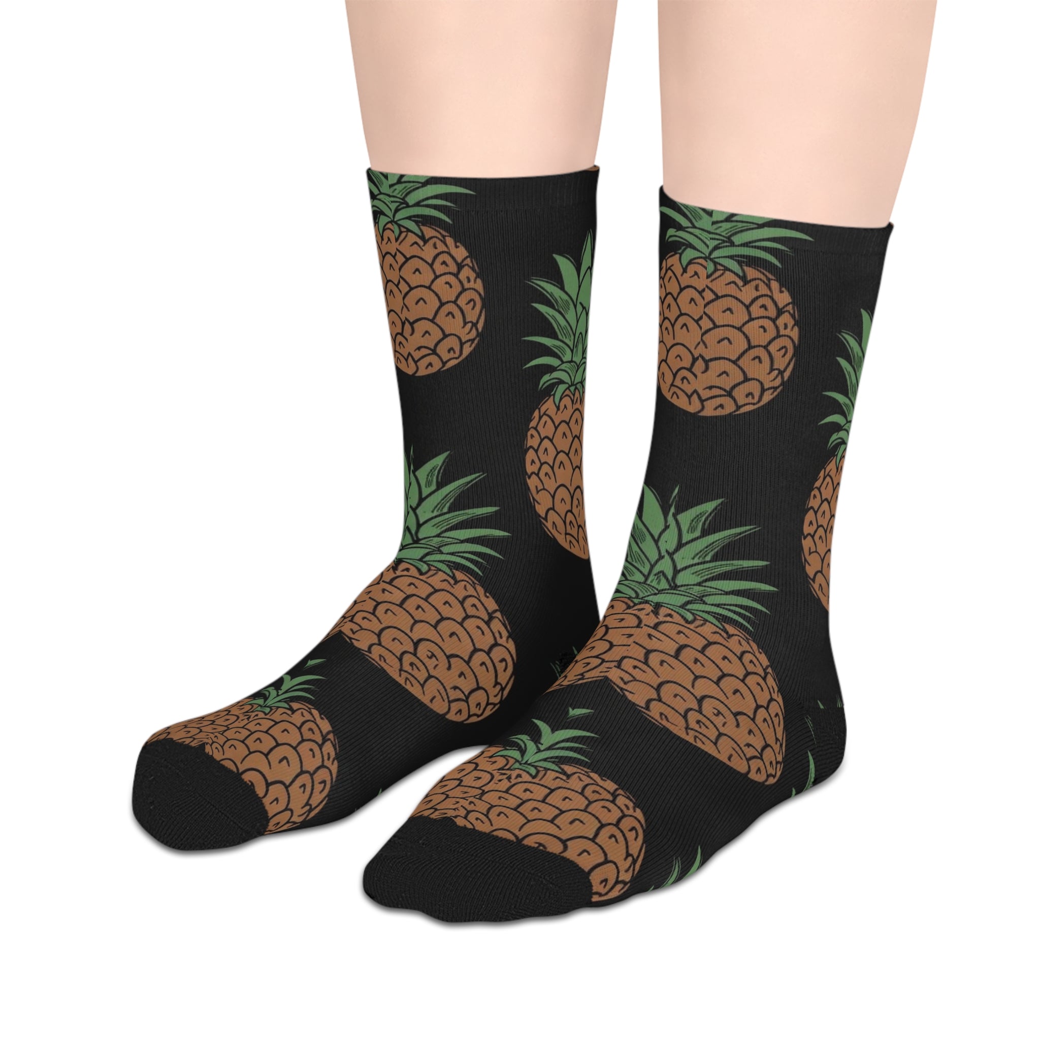 Pineapple Print Mid-Length Socks — Tropical Fruit Pattern Crew Socks