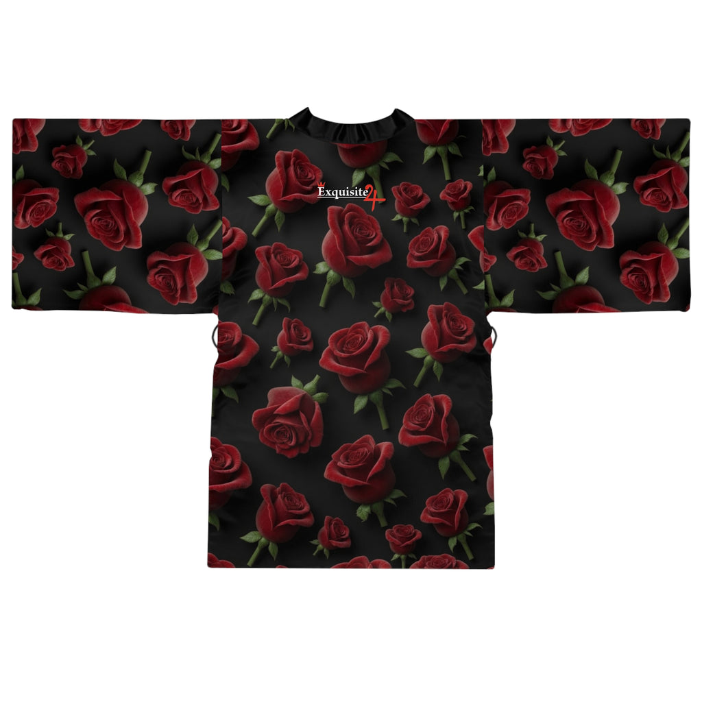 Rose Pattern Kimono Robe — Dark Floral Lounge Wrap
