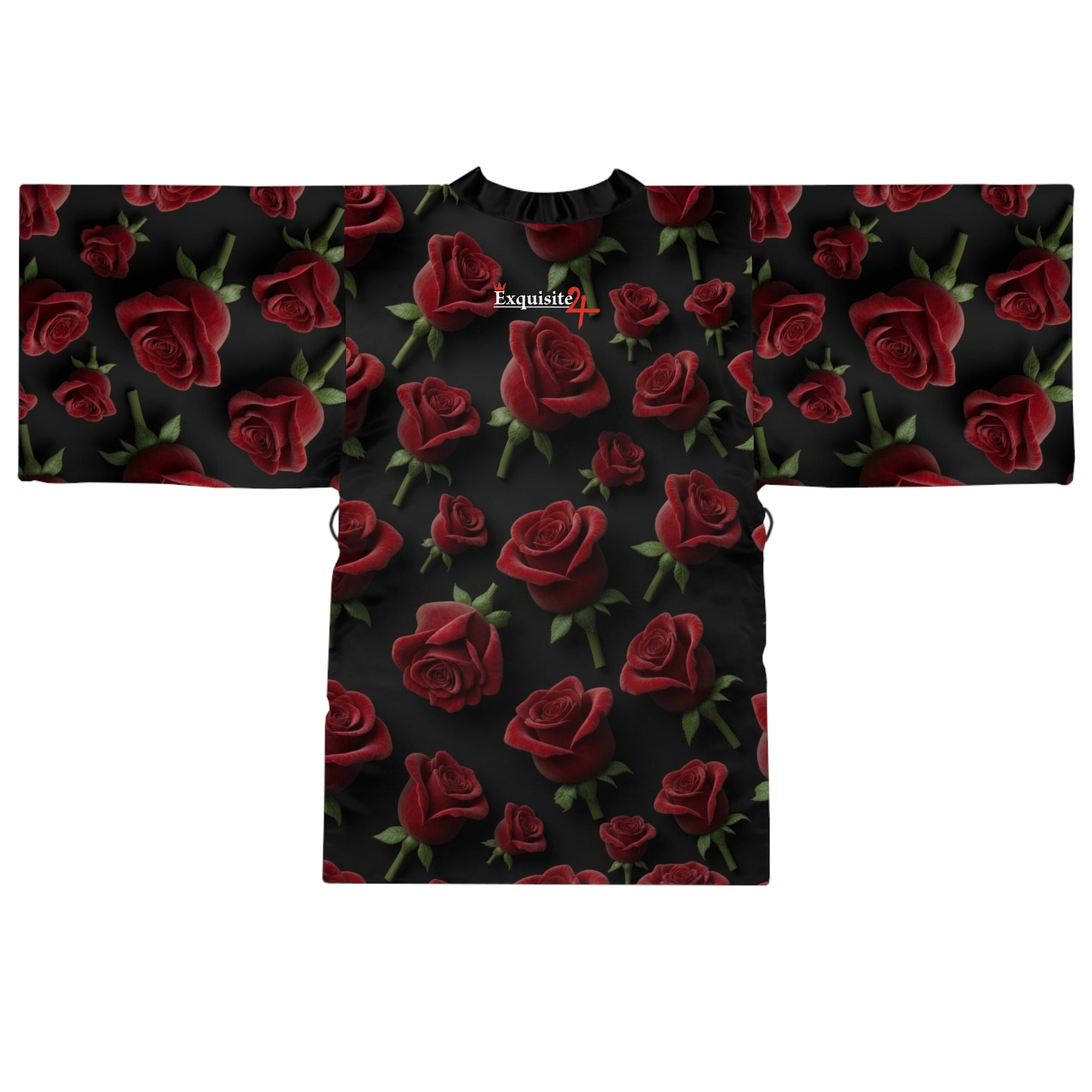 Rose Pattern Kimono Robe — Dark Floral Lounge Wrap