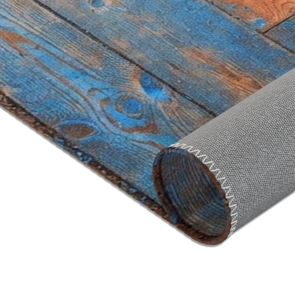 Rustic Blue Patina Wood Area Rug — Distressed Coastal Floor Decor
