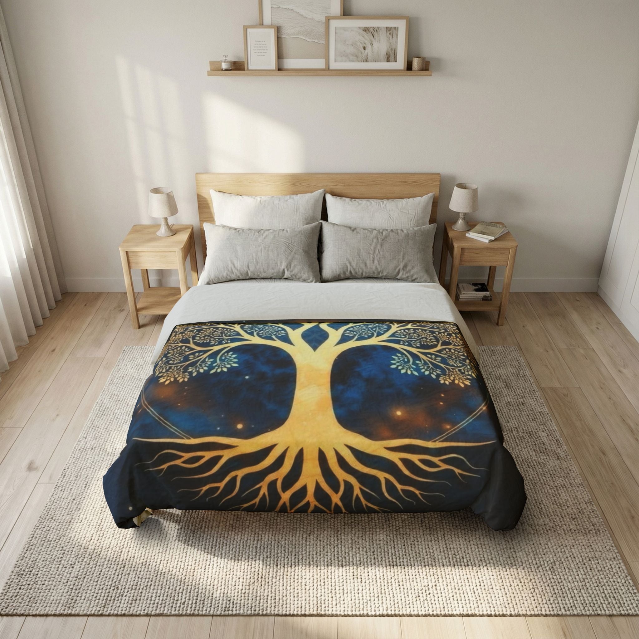Golden Tree of Life Cotton Duvet Cover — Spiritual Boho Bedding for Meditation & Yoga Retreats