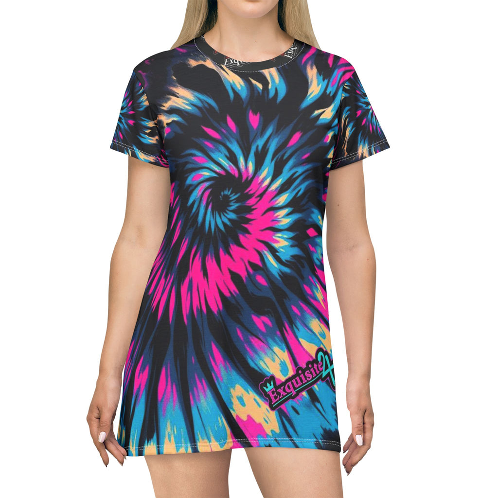 Tie-Dye Spiral T-Shirt Dress — Vibrant Pink & Blue All-Over Print