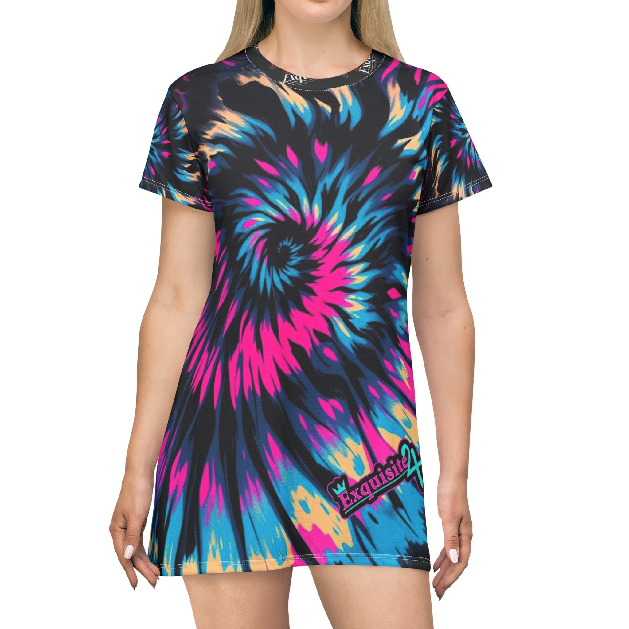 Tie-Dye Spiral T-Shirt Dress — Vibrant Pink & Blue All-Over Print