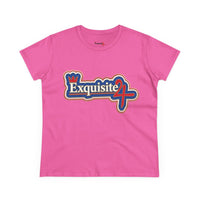 Exquisite 24 Sticker Logo Women's Graphic Tee – Blue with White and Red Rim