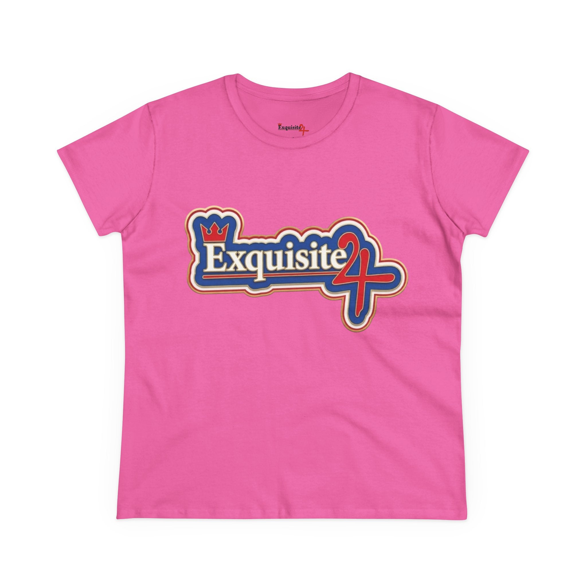 Exquisite 24 Sticker Logo Women's Graphic Tee – Blue with White and Red Rim