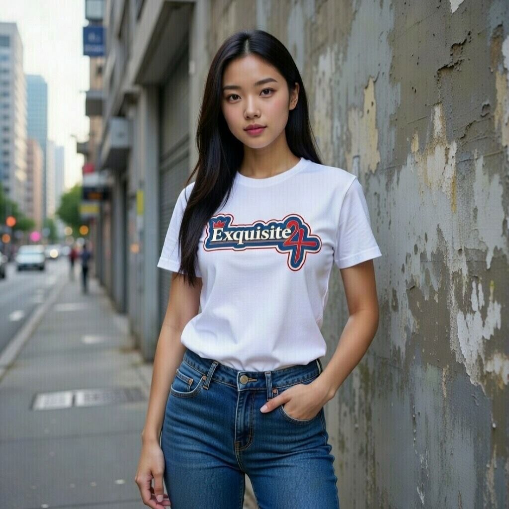 Exquisite 24 Sticker Logo Women's Graphic Tee – Blue with White and Red Rim