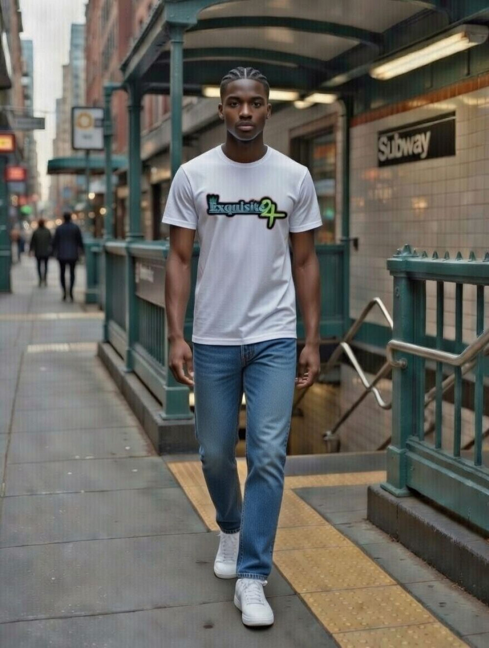 Exquisite 24 Sticker Logo Graphic Tee – Neon Blue-Green