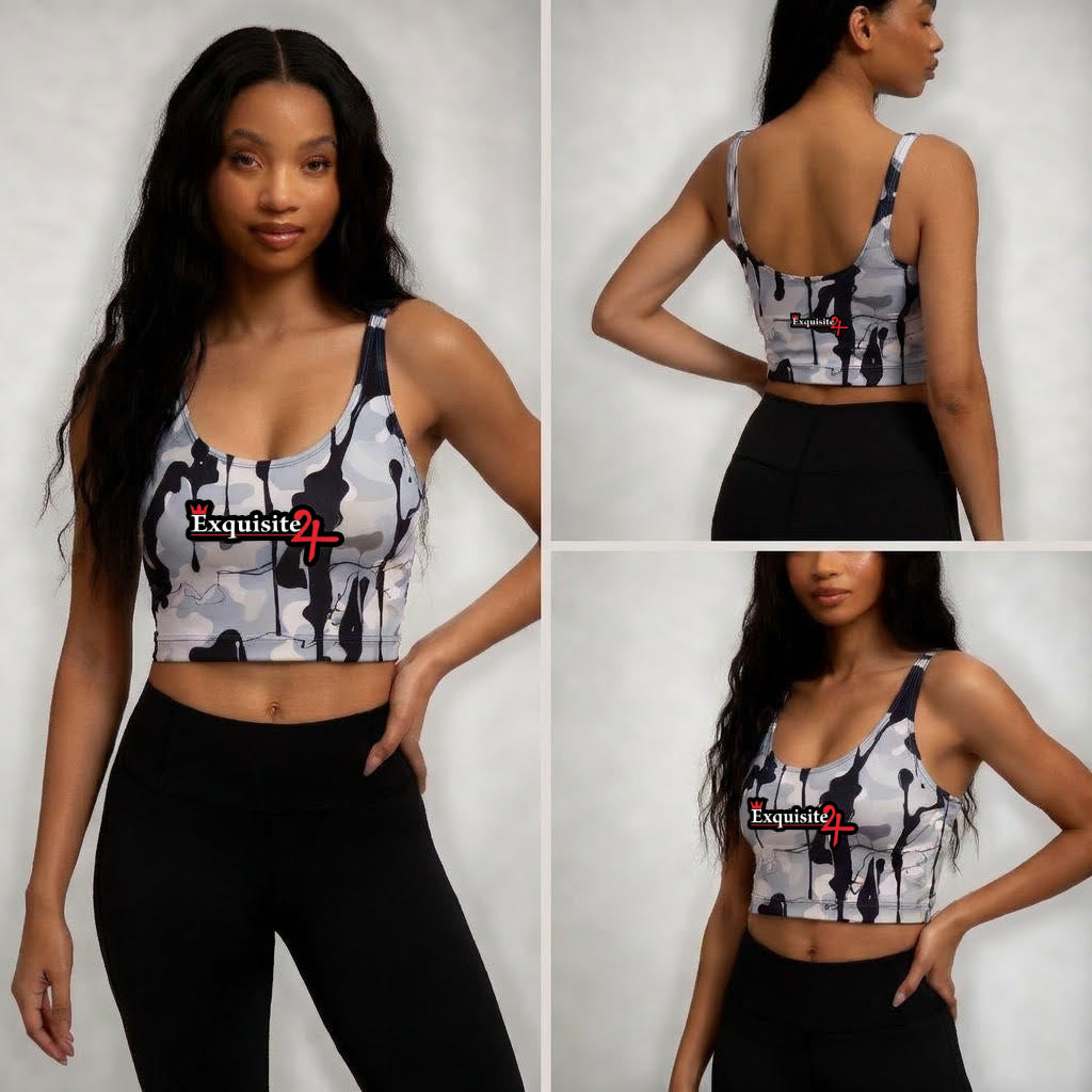 Camo 'Exquisite 24' Sports Bra — Black & Gray All-Over Print