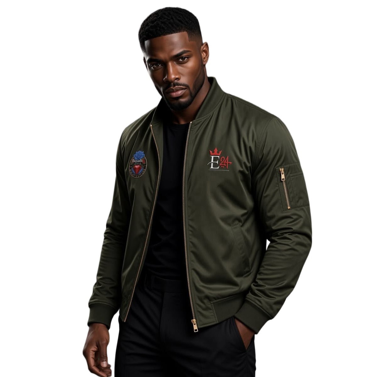 E24 Blue Roses and Red Jewel Patch Bomber Jacket