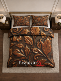 Brown Embossed Leaf Cotton Duvet Cover Set