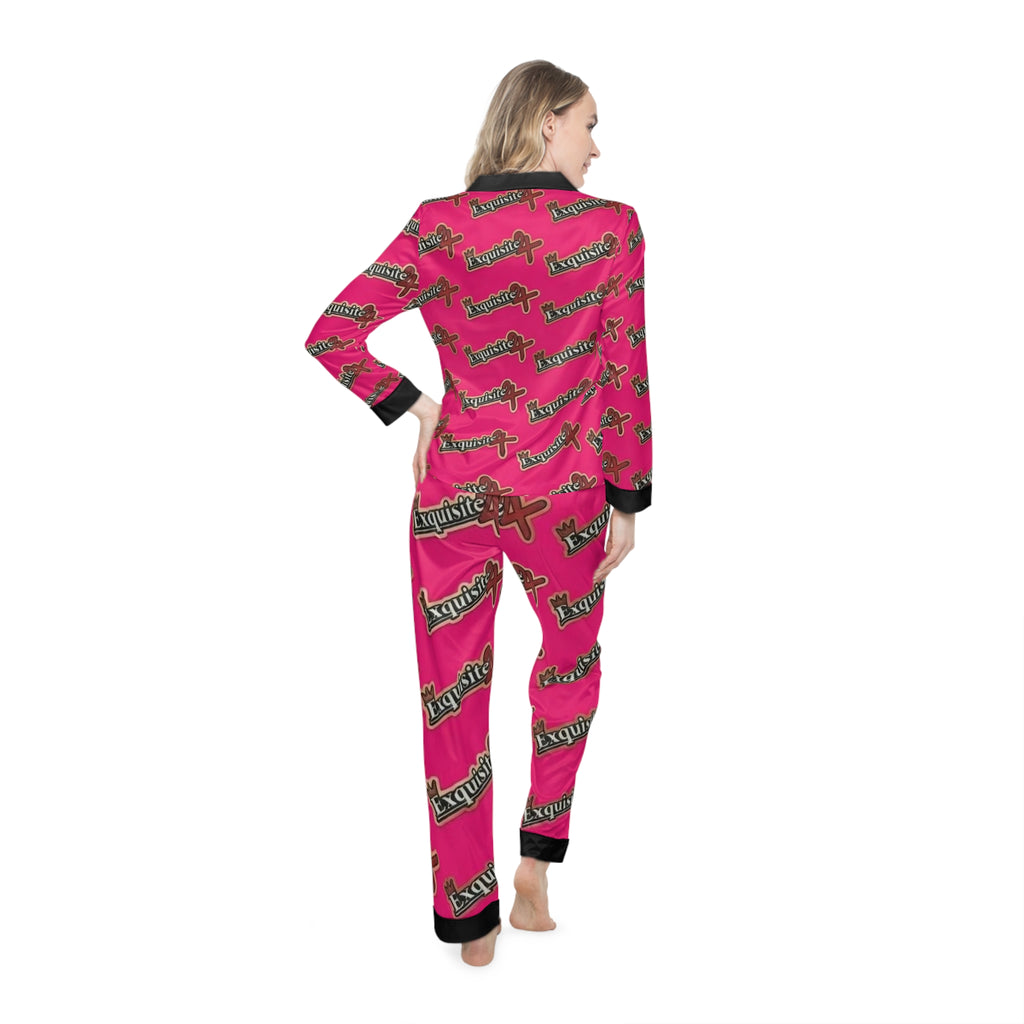 Hot Pink Satin Pajama Set – All-Over ‘ Exquisite 24’ Script Lounge Sleepwear