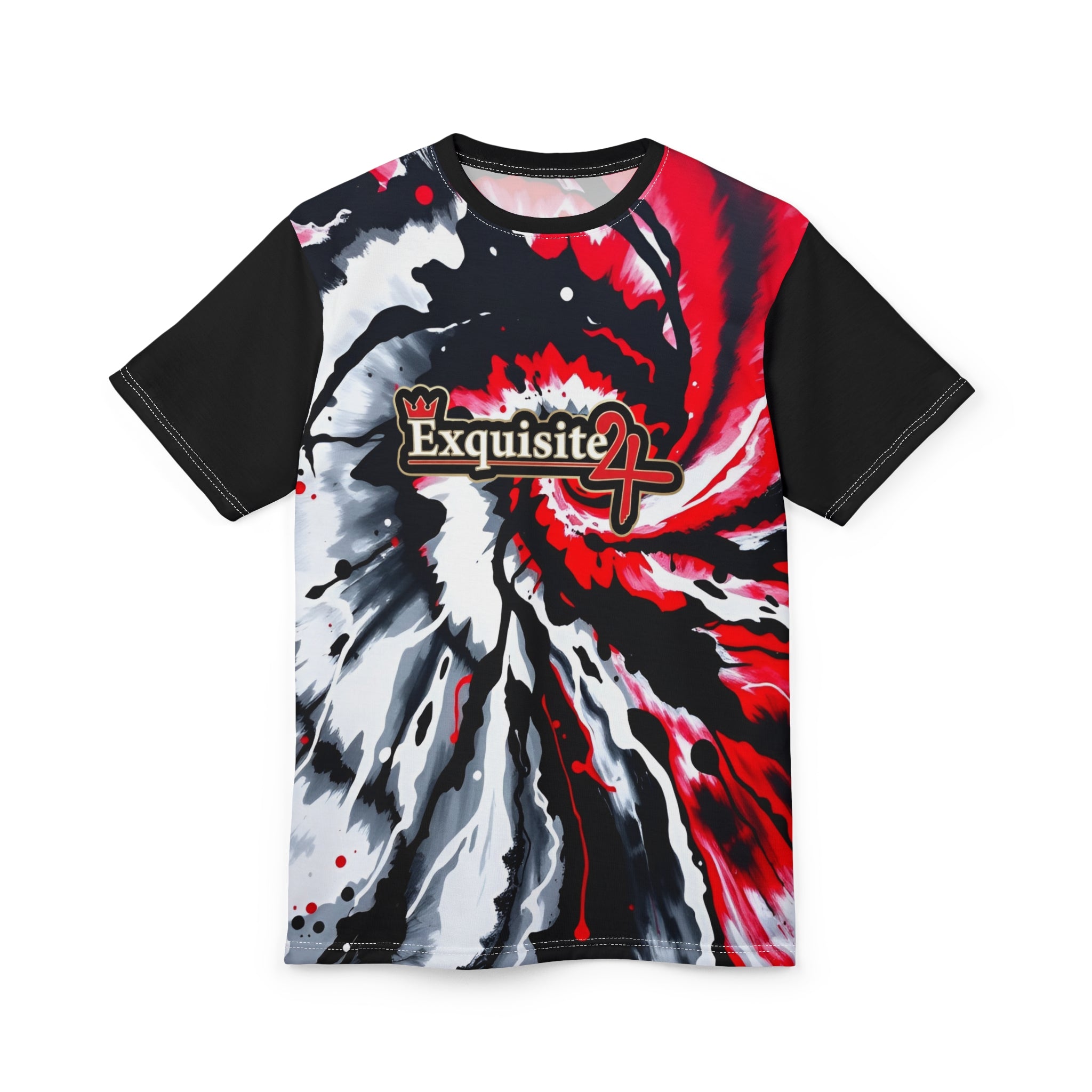 Exquisite 24 Tie-Dye Tee — Red & Black Swirl Graphic Shirt
