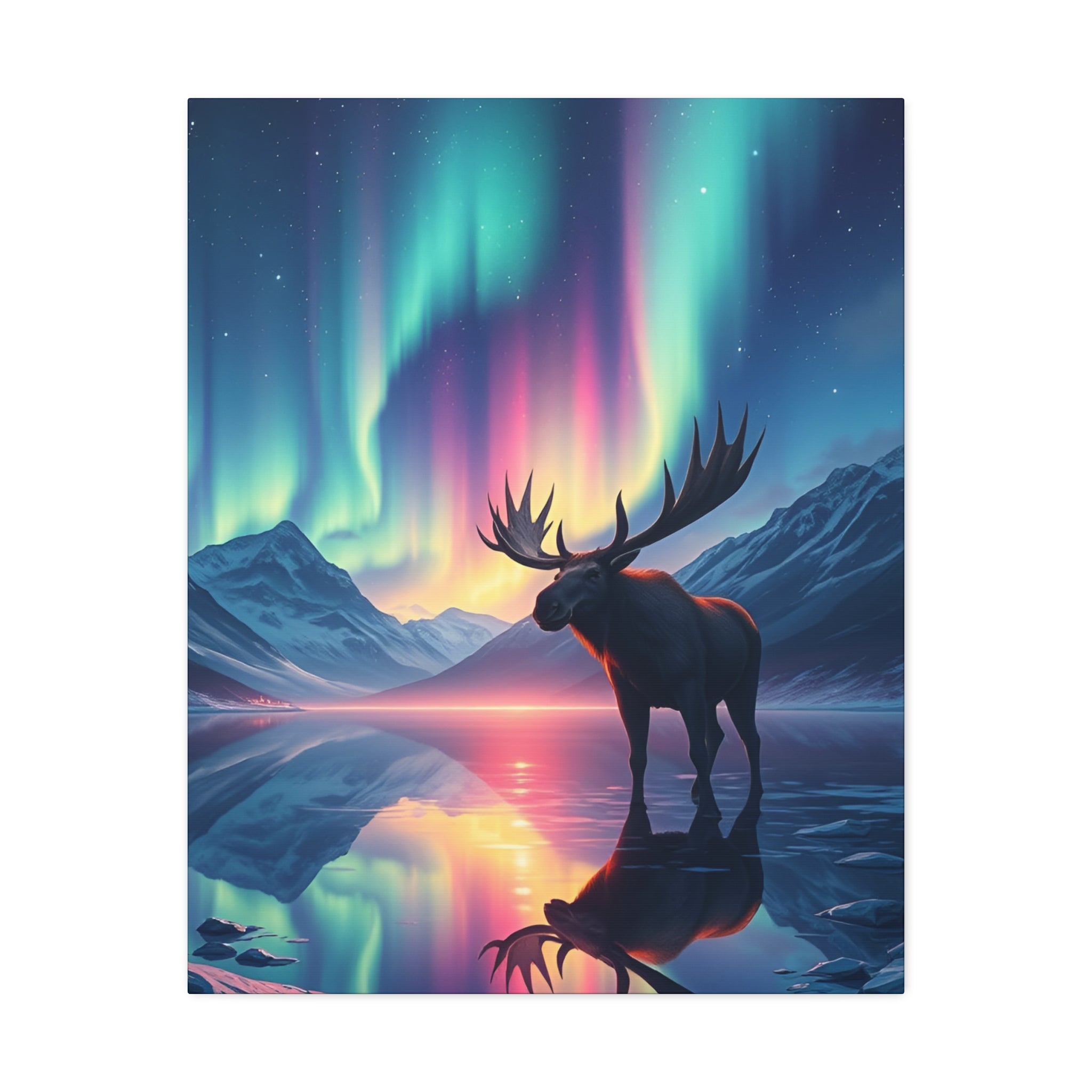 Aurora Moose Stretched Canvas – Northern Lights Landscape Wall Art