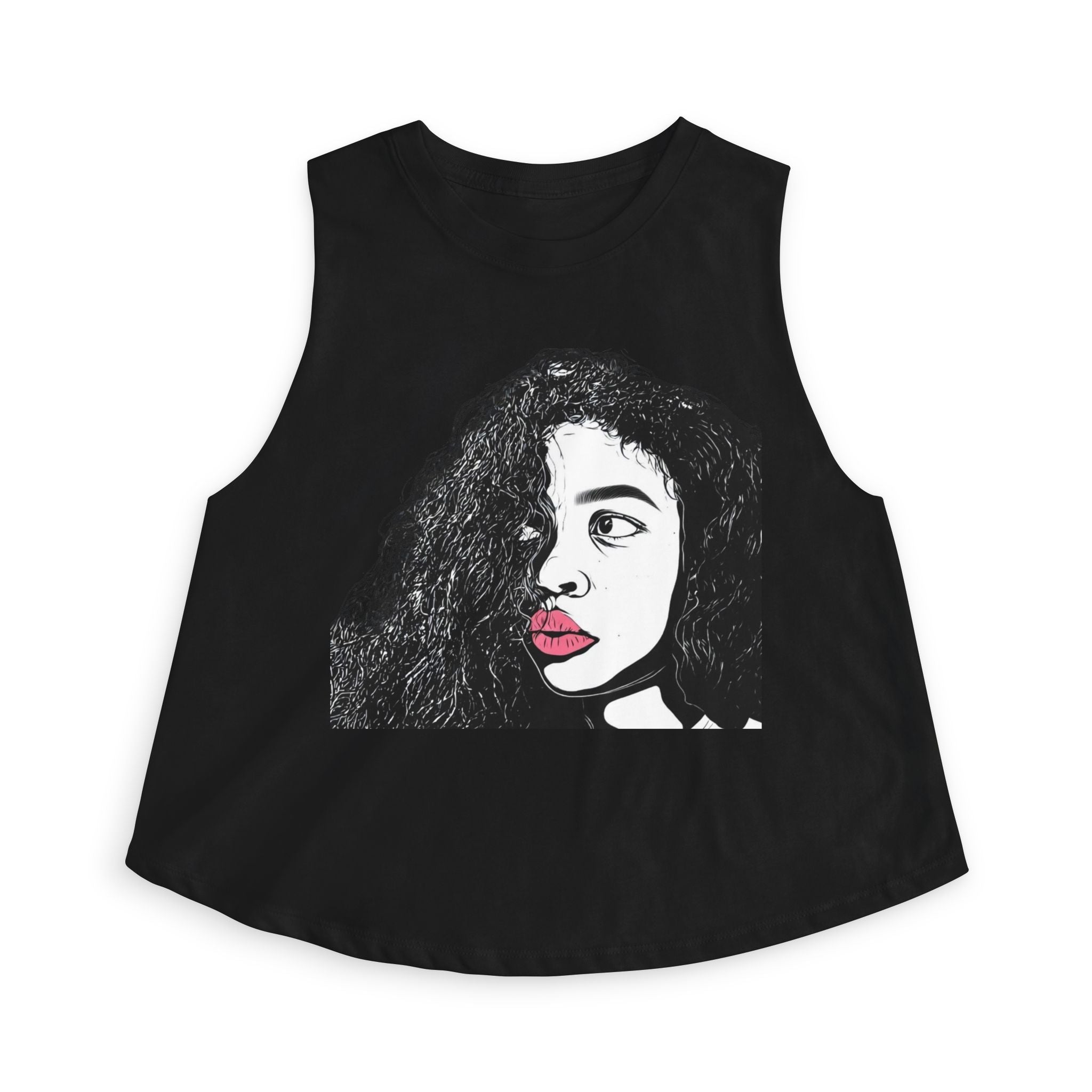 Artistic Curly Hair Woman Crop Top — Graphic Portrait Tank with Pink Lips