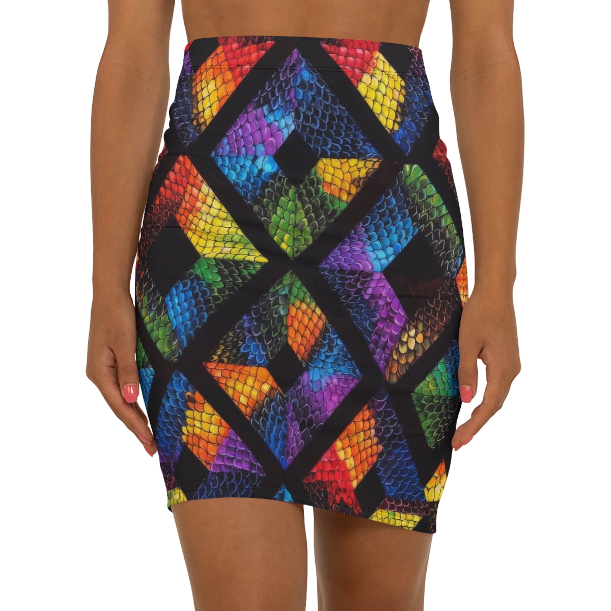 Rainbow Geometric Snake-Print Pencil Skirt