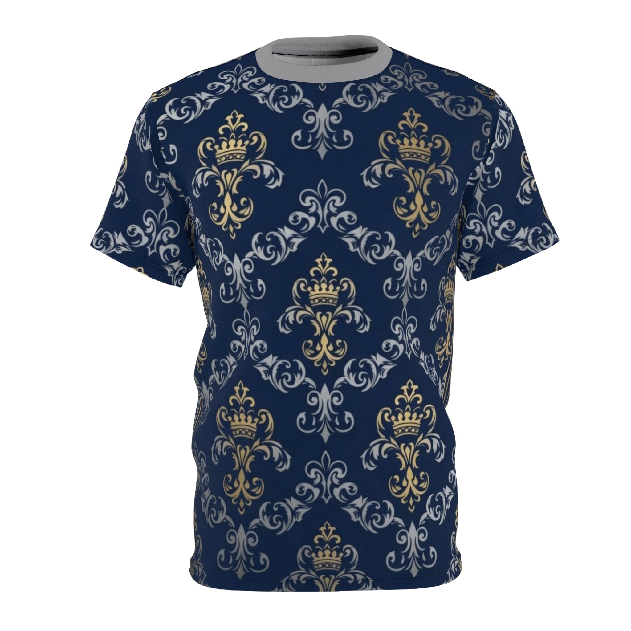 Royal Crest Pattern Tee — Navy Gold Damask All-Over Print T-Shirt