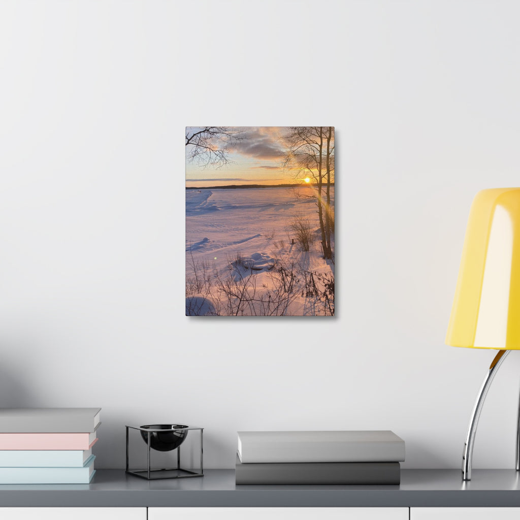 Sunset over Frozen Lake Stretched Canvas Wall Art