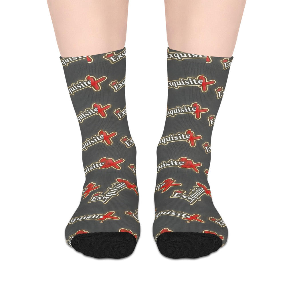 Exquisite 24 Logo Mid-Length Socks — Gray Patterned Crew Socks