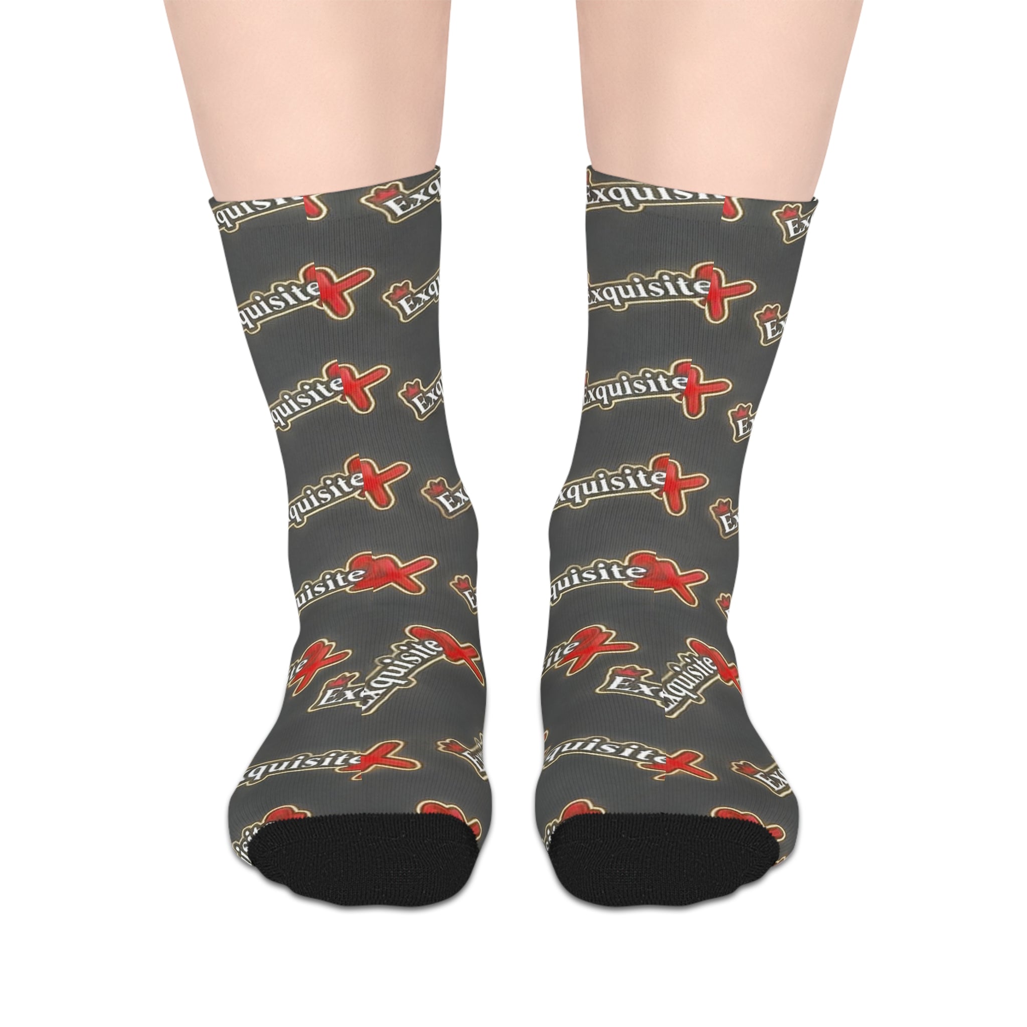 Exquisite 24 Logo Mid-Length Socks — Gray Patterned Crew Socks