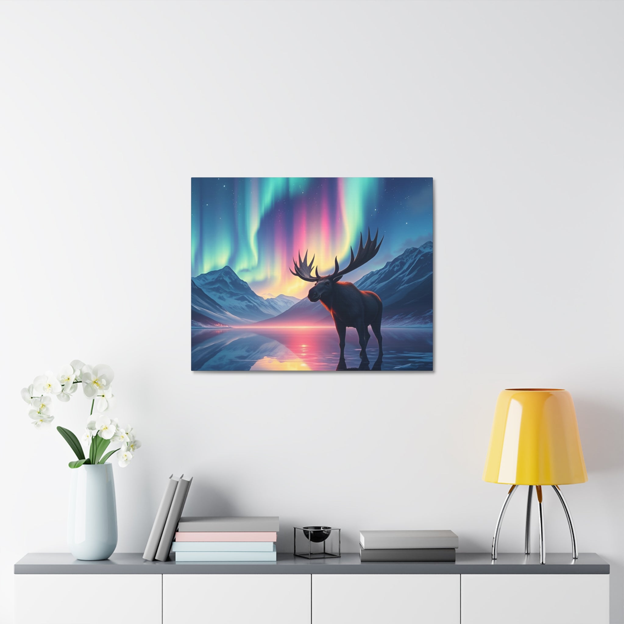 Aurora Moose Stretched Canvas – Northern Lights Landscape Wall Art