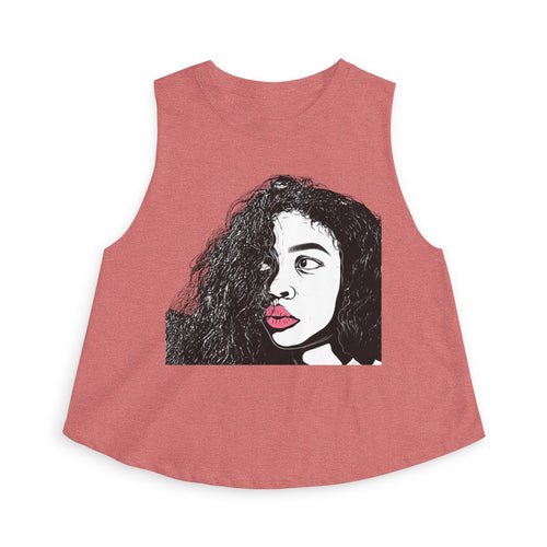 Artistic Curly Hair Woman Crop Top — Graphic Portrait Tank with Pink Lips