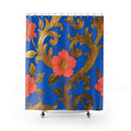 Floral Gold Scroll Shower Curtain — Blue & Coral Botanical Bathroom Decor