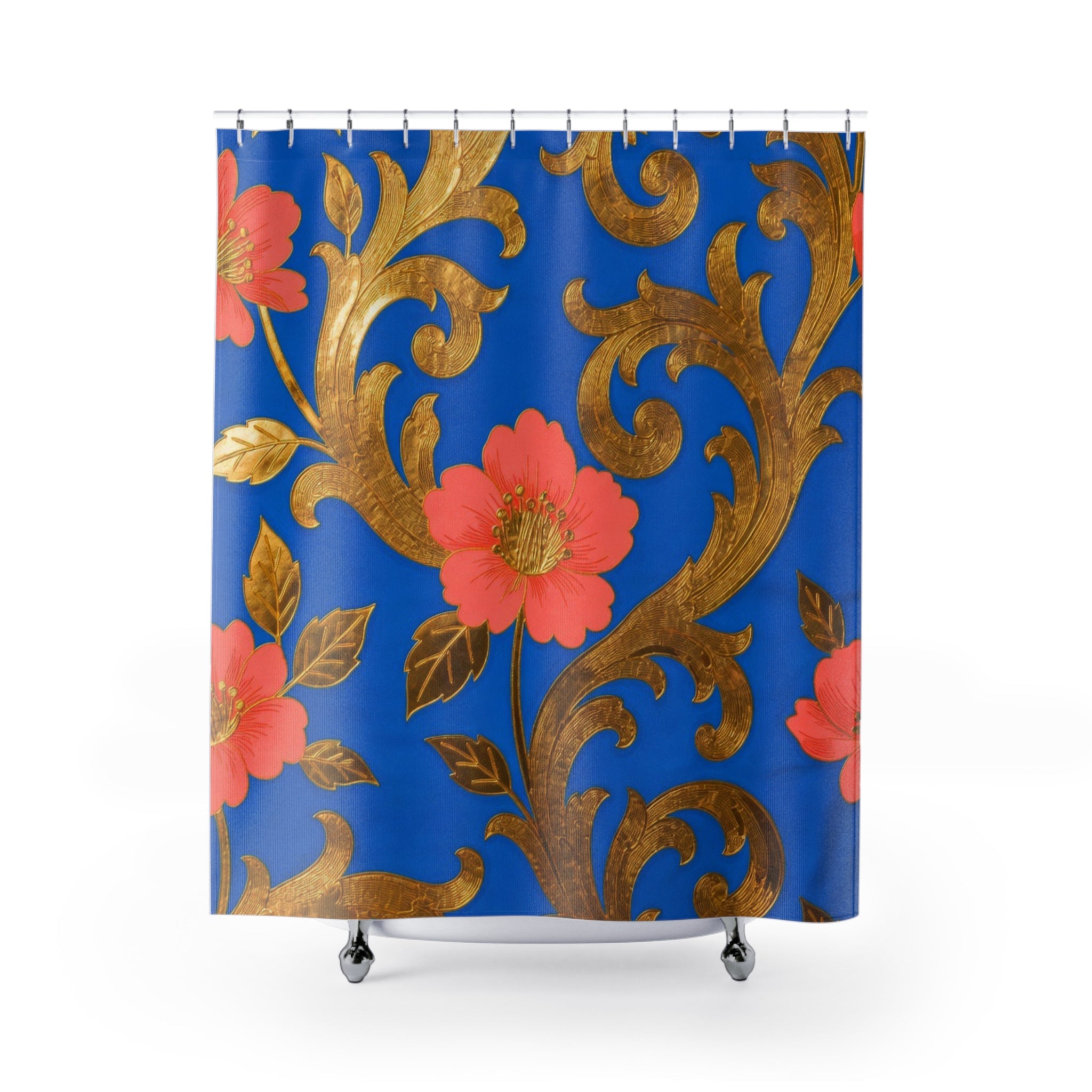Floral Gold Scroll Shower Curtain — Blue & Coral Botanical Bathroom Decor
