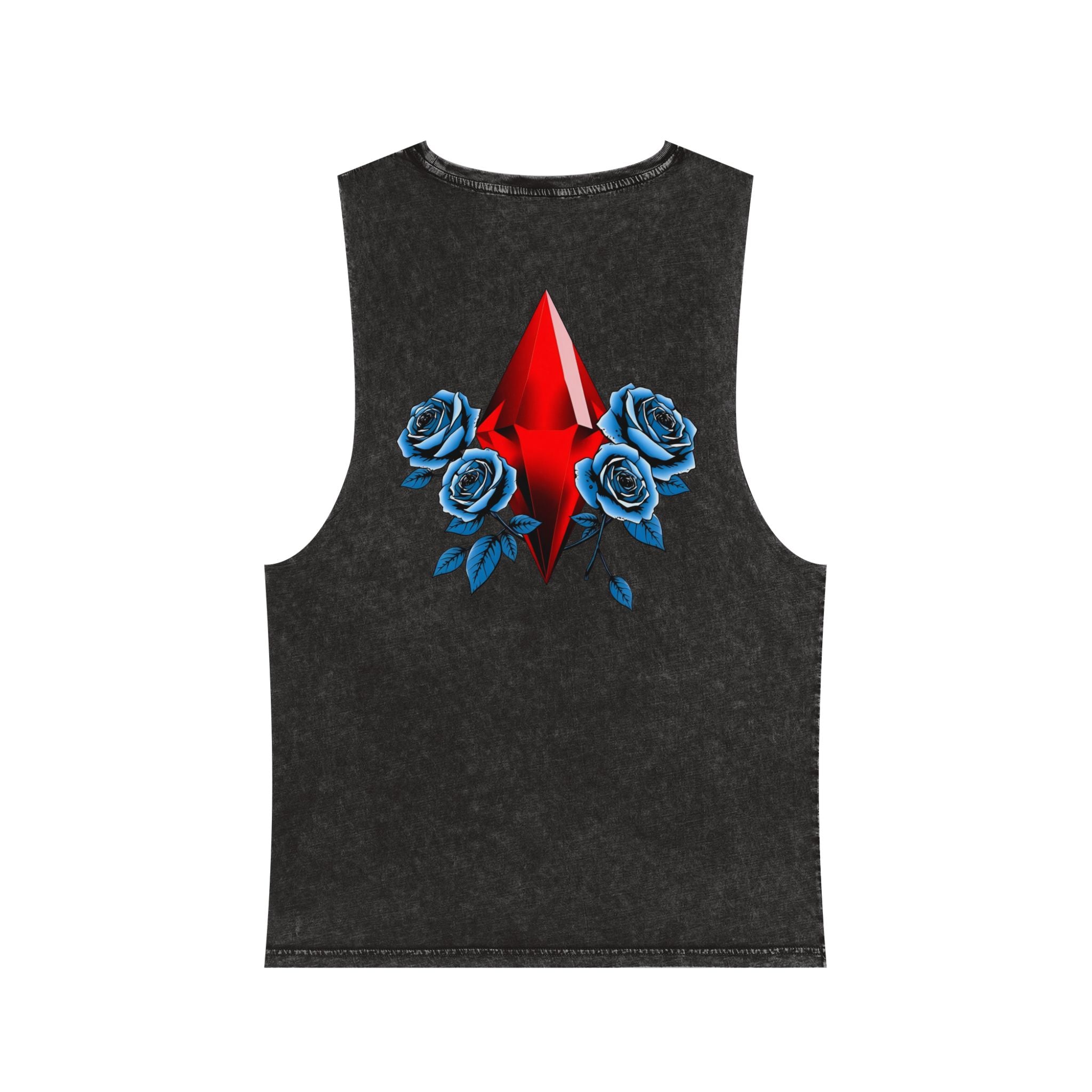 Exquisite 24 'Royalty Within' Stonewash Tank Top — Red Jewel & Blue Roses Graphic